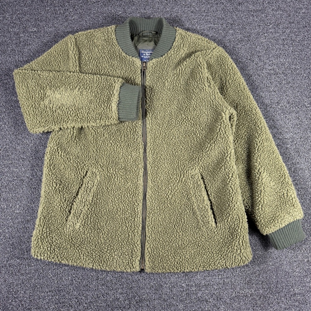 VTG Abercrombie &‎ Fitch Mens L Olive Green Sherpa Fleece Full Zip Bomber Jacket